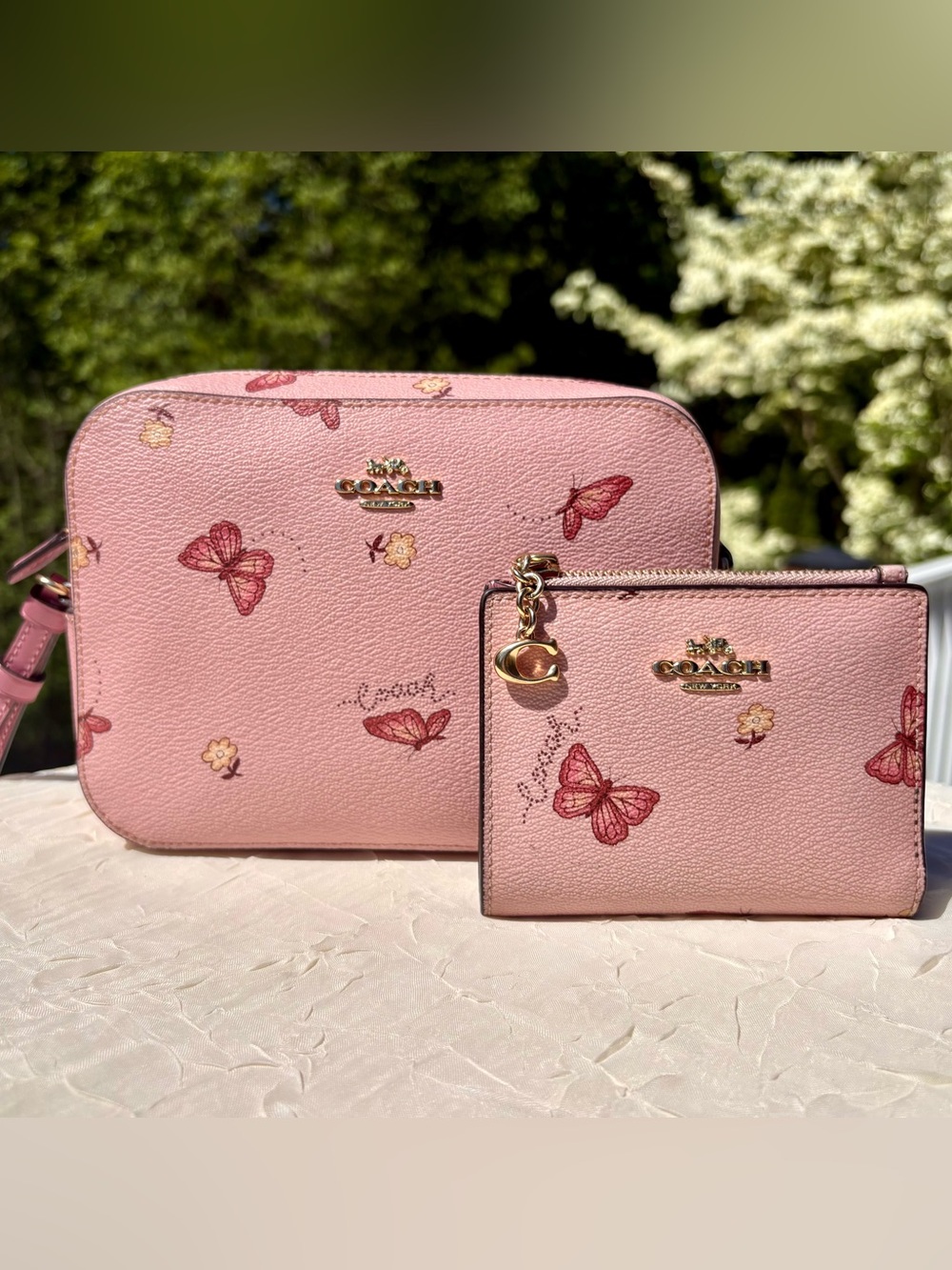COACH Camera Bag With Pink Butterfly Print And Matching Wallet 2464